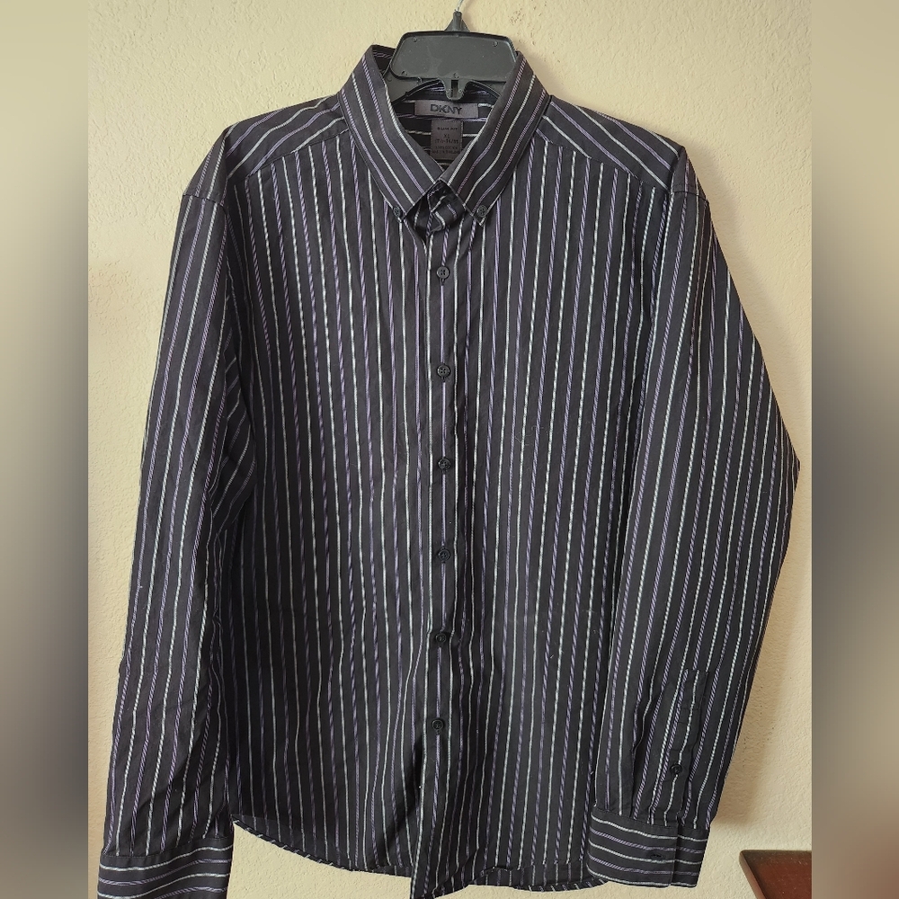 DKNY Black and Gray Striped Shirt